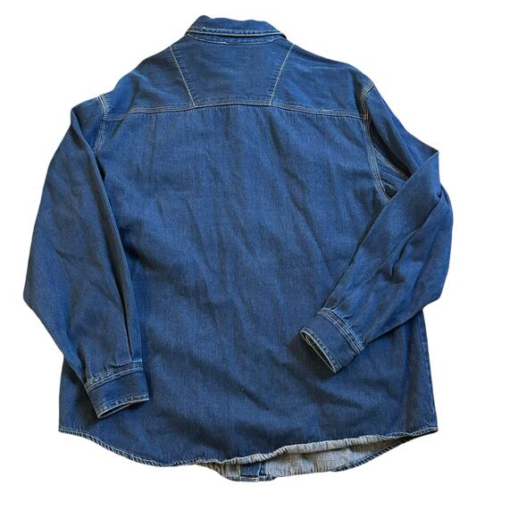 Y2K Button Up Blue Denim Shirt Womens Size Large Red Embroidered Paisley Pockets - Picture 4 of 4